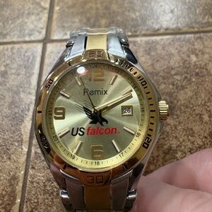 Remix US Falcon Gold Tone Quartz Watch Date Stainless Steel Band #12